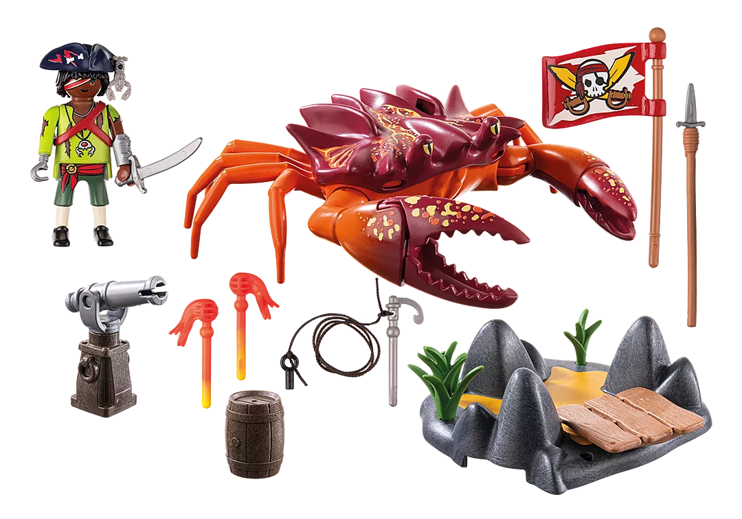 Pirates | Battle with Giant Crab shows a pirate facing a large crab with a cannon, weapons, and rocky terrain.