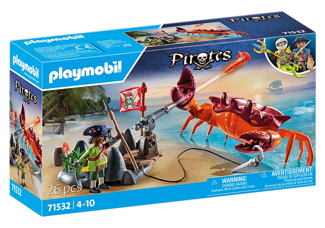 Pirates | Battle with Giant Crab set showing a pirate fighting a giant crab with cannon and harpoon on a beach.