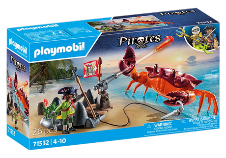 Pirates | Battle with Giant Crab set showing a pirate fighting a giant crab with cannon and harpoon on a beach.