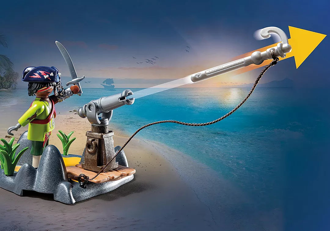 Pirates | Battle with Giant Crab shows a pirate aiming a harpoon cannon on the shore at sunset.