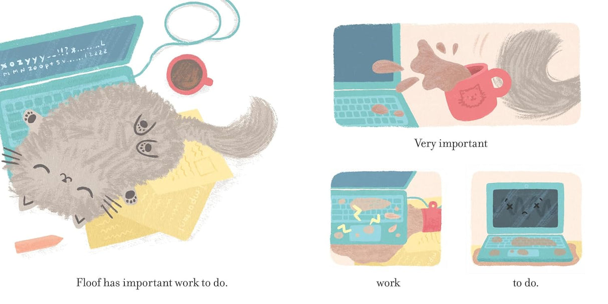 Illustration from Floof showing a fluffy cat with important work, a laptop, and a coffee cup in a busy day scene.