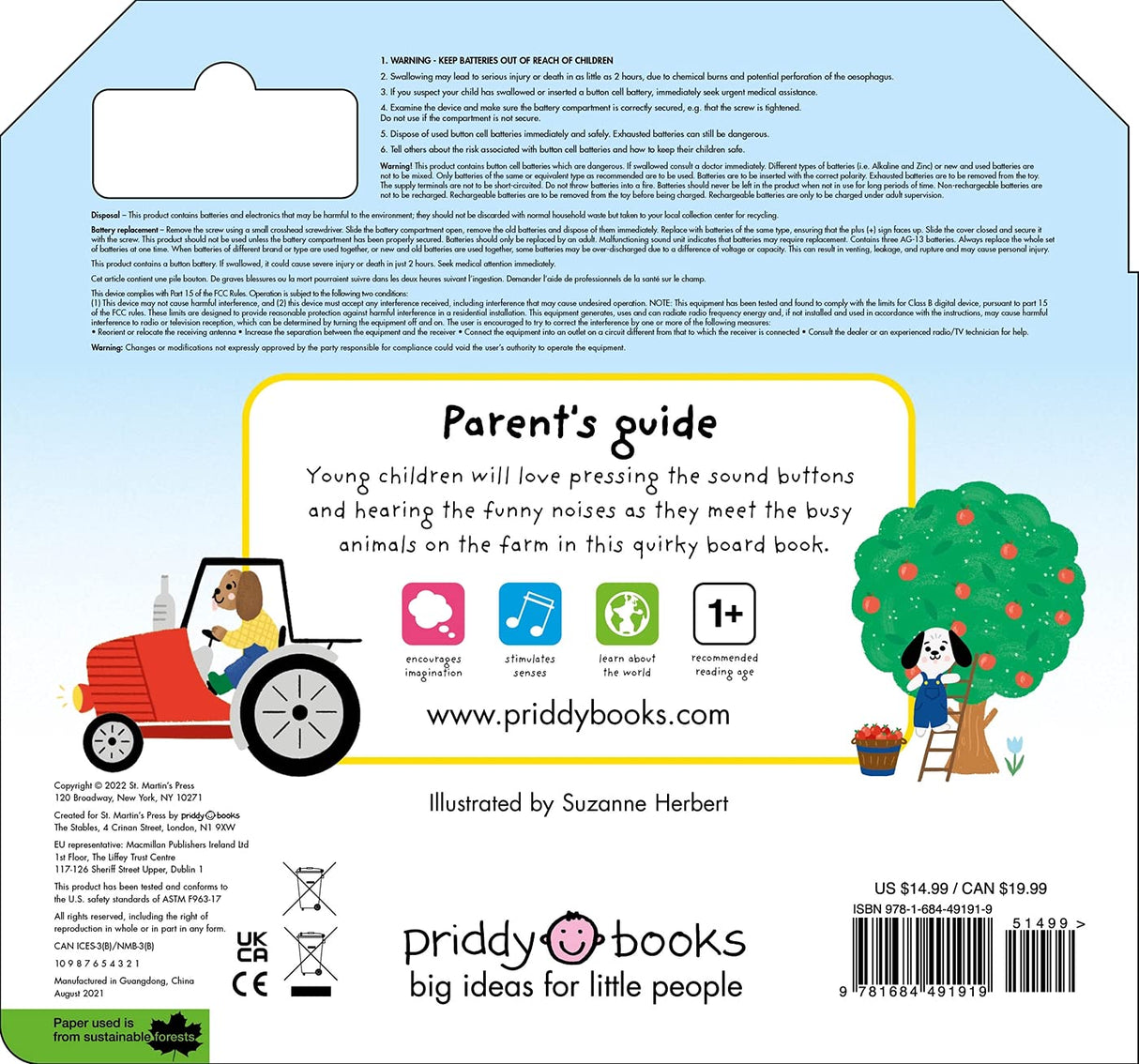 What Can You Hear Farm sound book back cover with a tractor, dog, apple tree, and parent guide for young children.