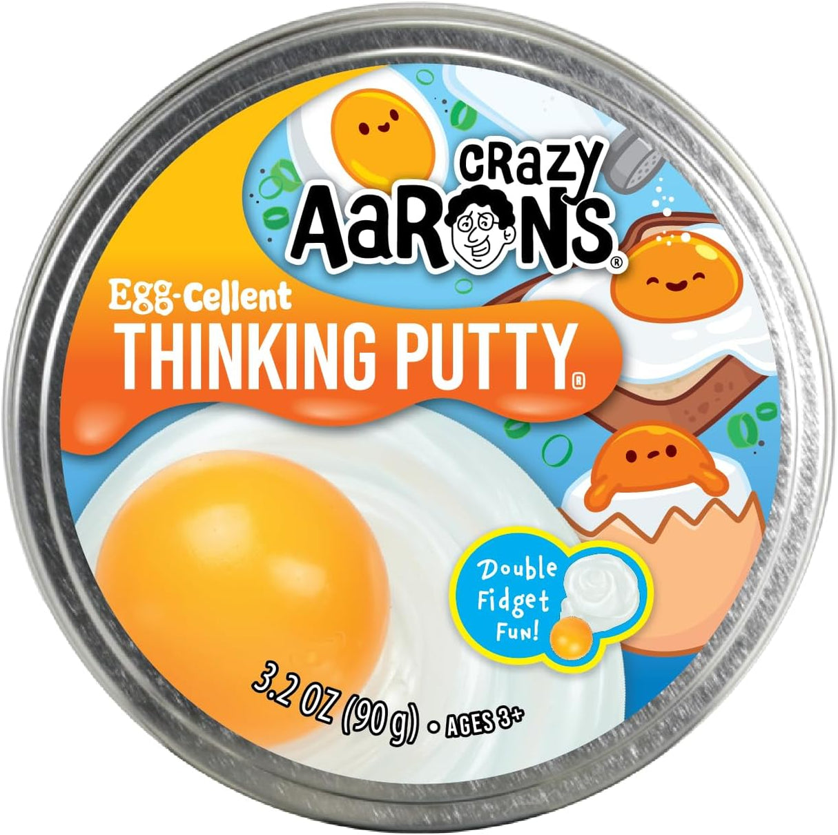 Crazy Aaron's Egg-cellent Thinking Putty tin featuring playful egg-themed design and double fidget fun for sensory play.