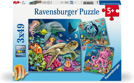 49pc Underwater Puzzles featuring colorful sea creatures like dolphin, turtle, octopus, and clownfish for kids 5+ years.