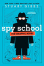 Cover of Spy School the Graphic Novel by Stuart Gibbs featuring a silhouette of a spy with red glasses and sneakers on a blue background.