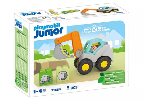 Playmobil Junior Shovel Excavator toy with movable arm and stackable stones for children aged 1 to 4 years.