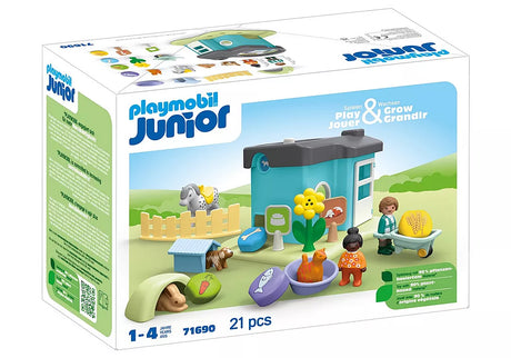Playmobil Junior | Animal Home with Treat Dispenser playset featuring animal figures and feeding accessories for toddlers.