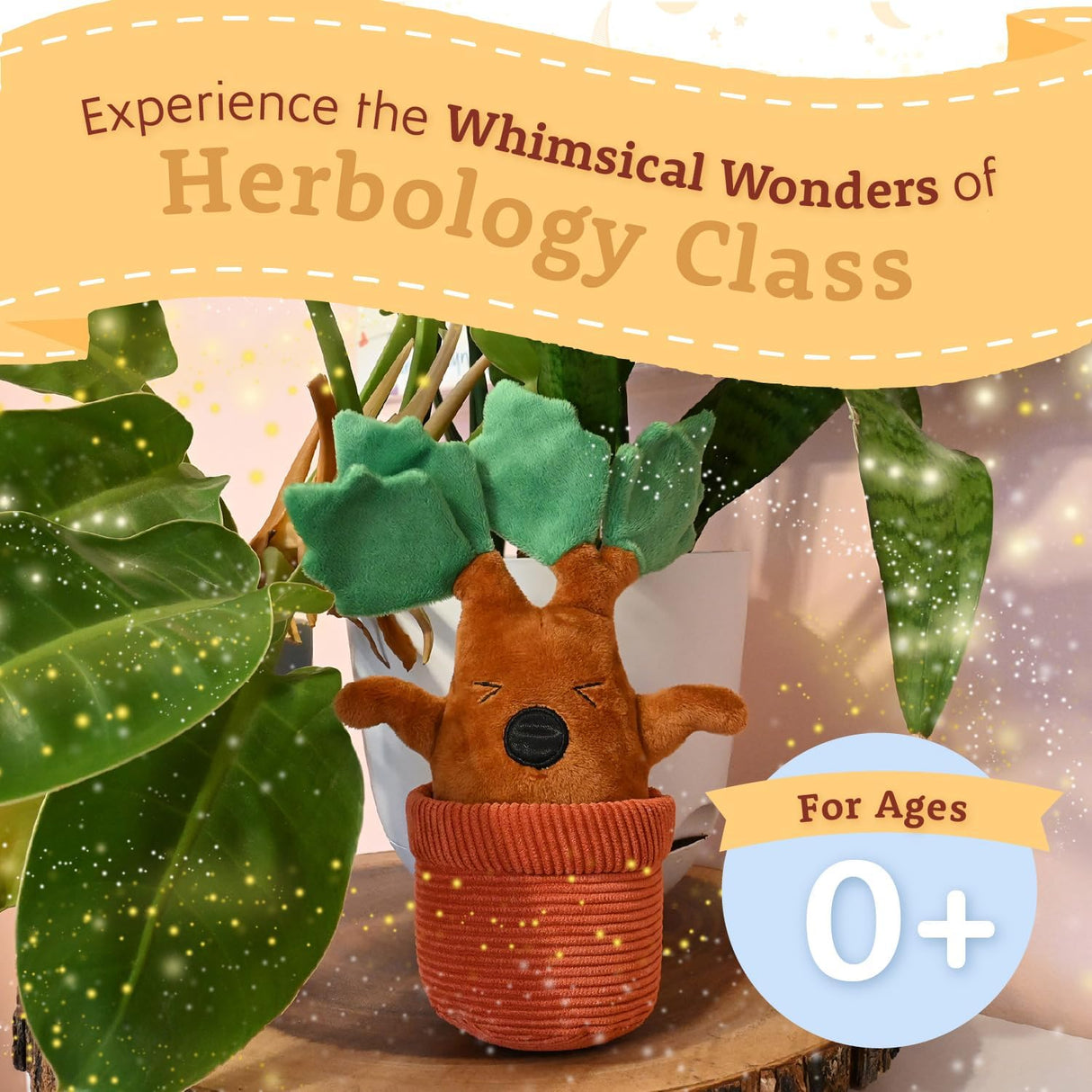 Harry Potter | Mandrake plush toy in a pot, soft with embroidered details and crinkle leaves, perfect for kids 0+.