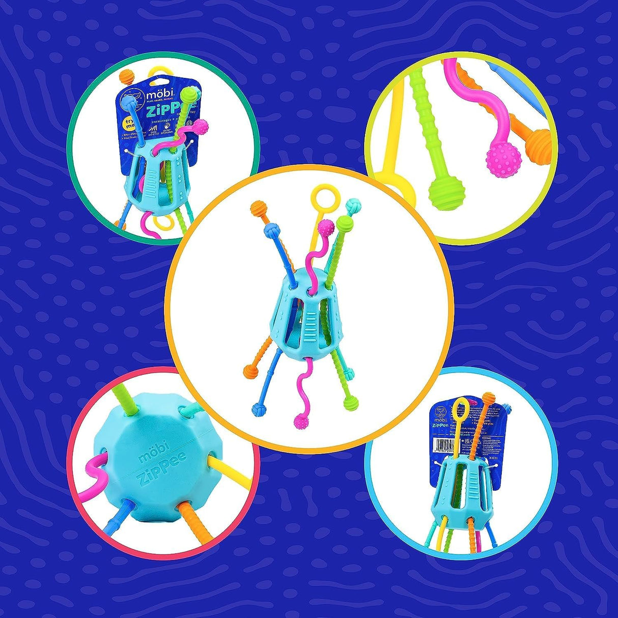 Zippee Activity Toy with colorful silicone cords and grips for tactile development and sensory play for toddlers.