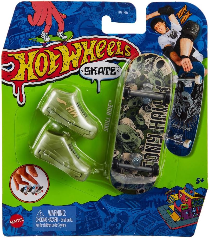 Hot Wheels Skateboard & Shoes with Skull Ride design and mini green skates, perfect for ages 5 and up.