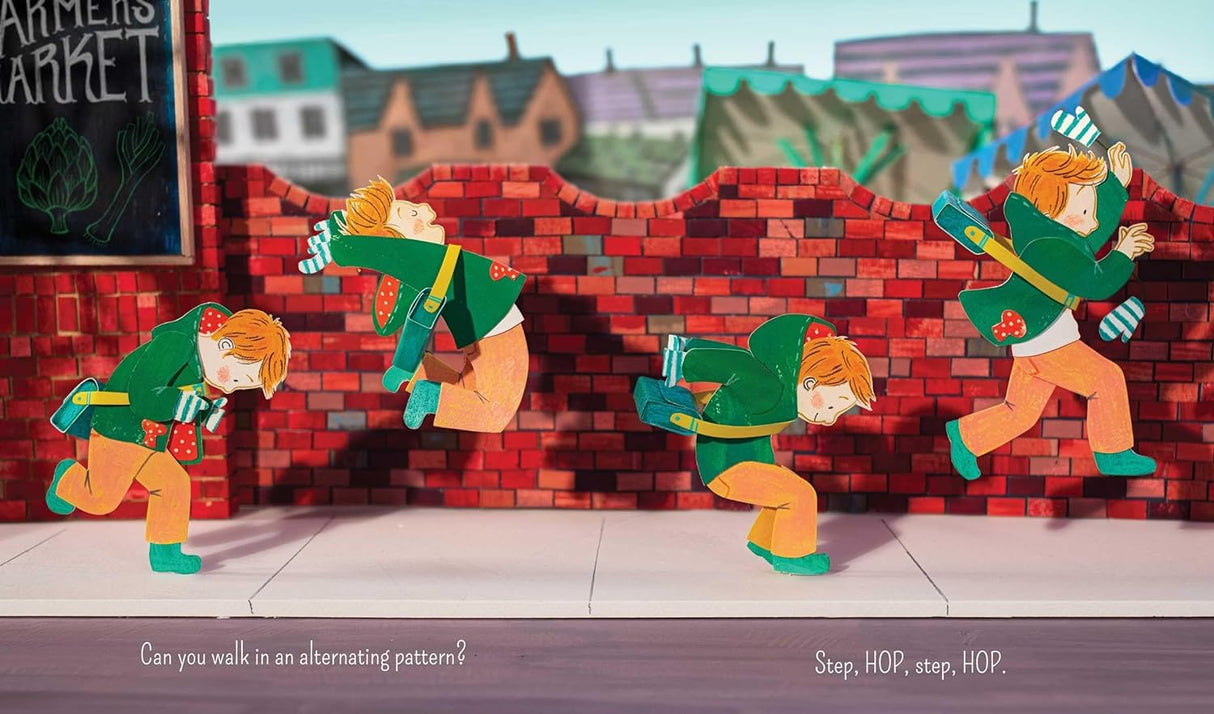 Look book illustration showing a child hopping in playful alternating patterns along a brick wall sidewalk.