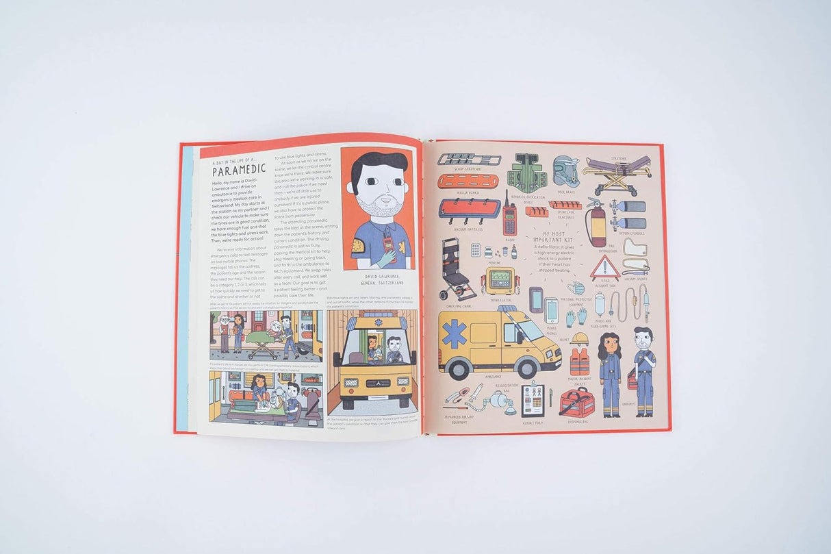 Life Savers product showing an open illustrated book about paramedics and emergency equipment for young readers.