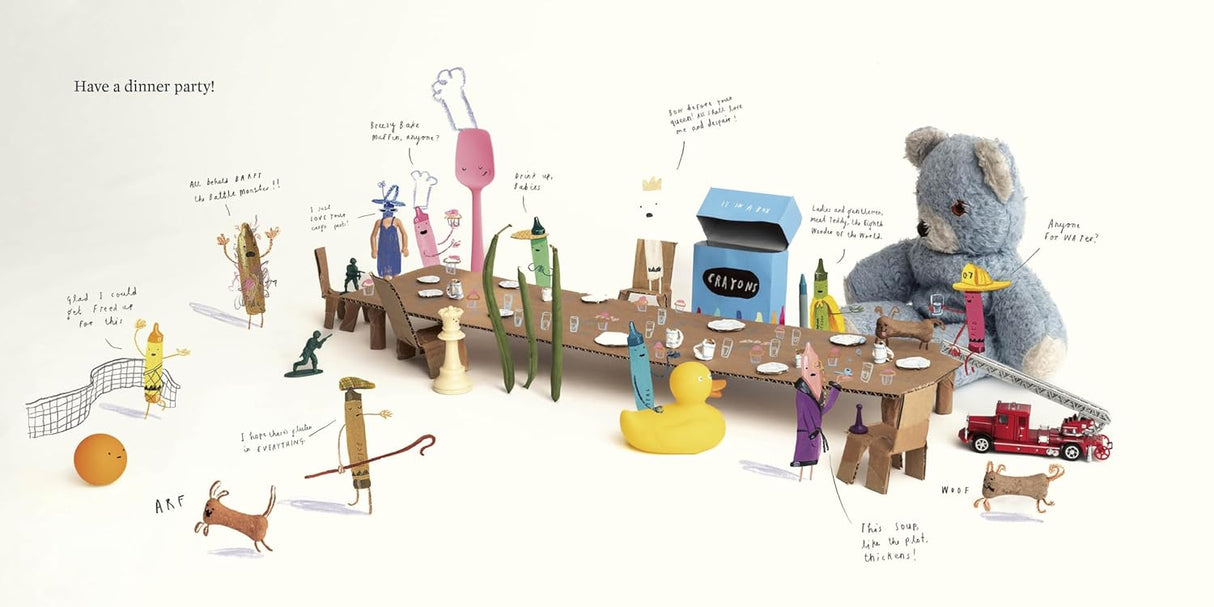 The Day the Crayons Made Friends showing crayons and toys having a whimsical dinner party scene.