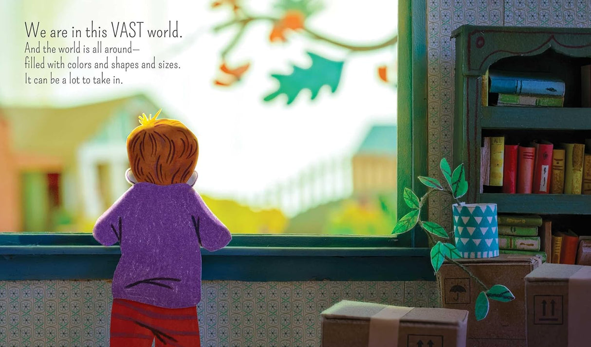 Look product image showing a child in a purple sweater gazing thoughtfully out a window at nature.