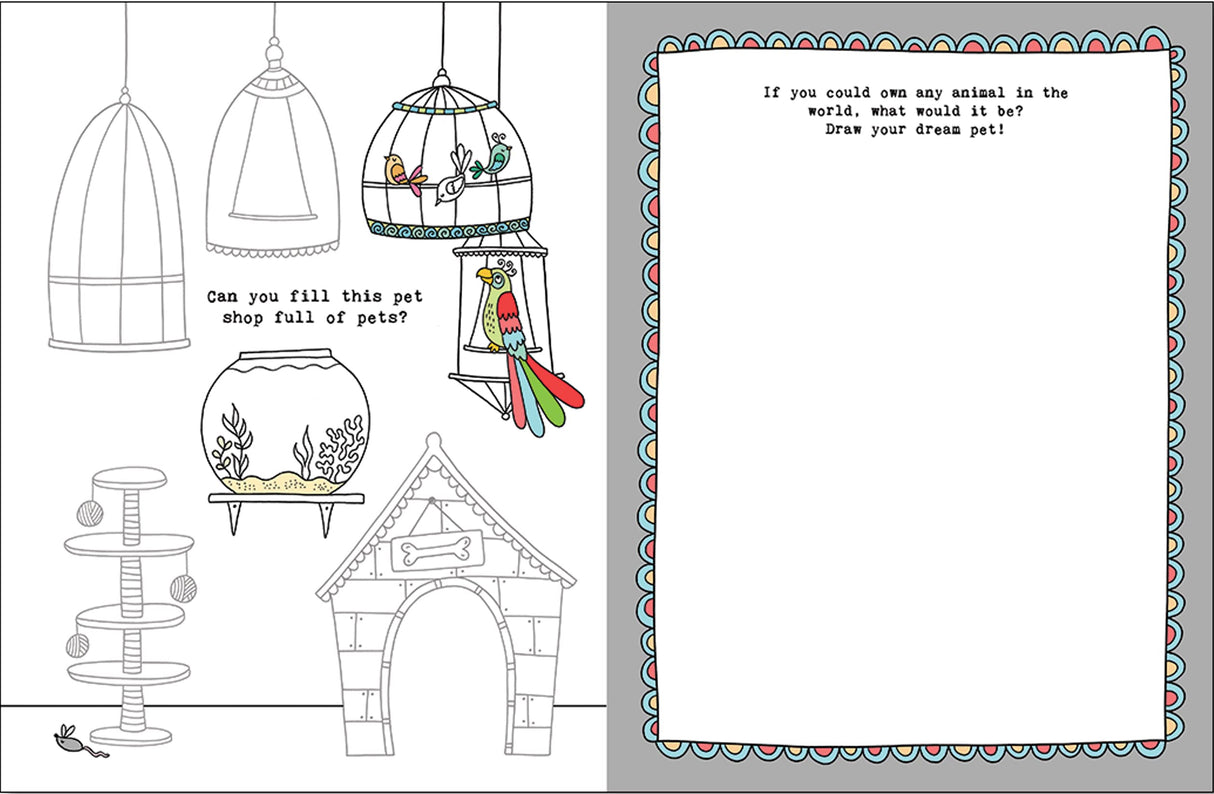 Kids Unplugged Animal Adventures activity book featuring pet shop drawing and blank page for creative animal drawing.
