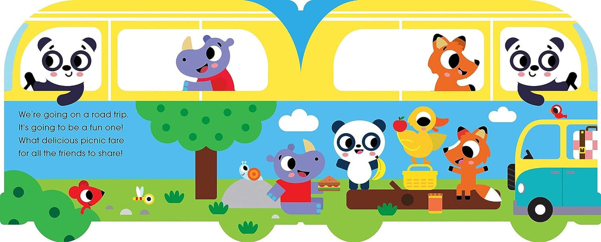 Illustration from We're Going on a Road Trip board book showing animal friends on a colorful bus picnic scene.