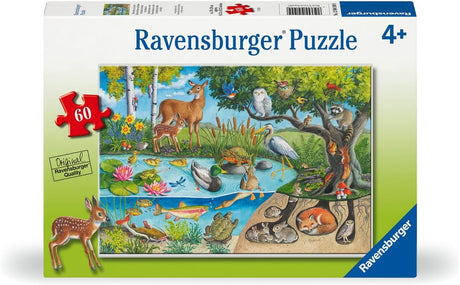 60pc Animals Above & Below Puzzle featuring woodland and pond animals in a colorful nature scene by Ingrid Slyder.