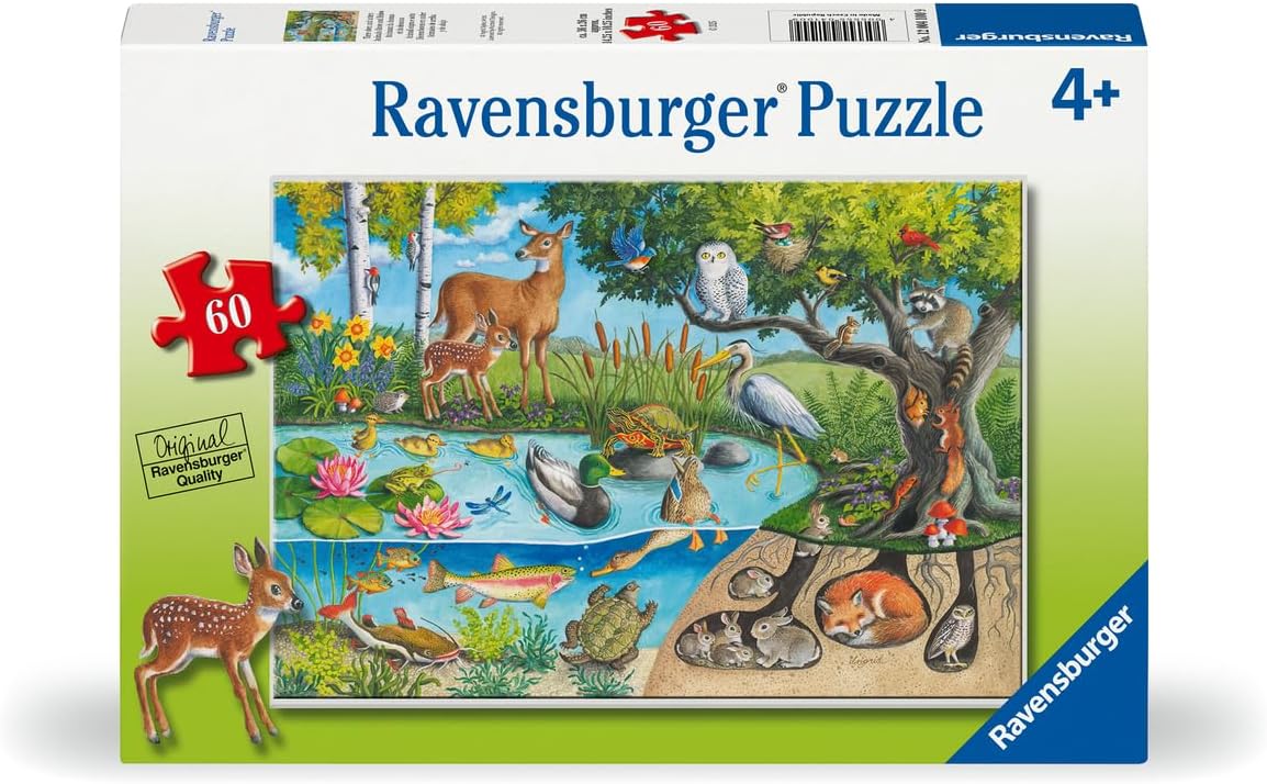 60pc Animals Above & Below Puzzle featuring woodland and pond animals in a colorful nature scene by Ingrid Slyder.