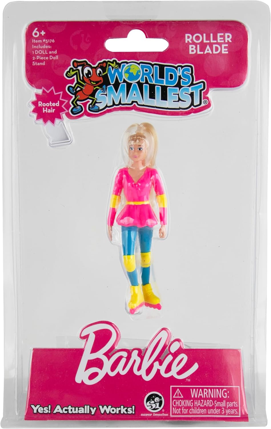 World's Smallest Barbie Rollerblade doll with rooted hair in pink and blue outfit, in original packaging.