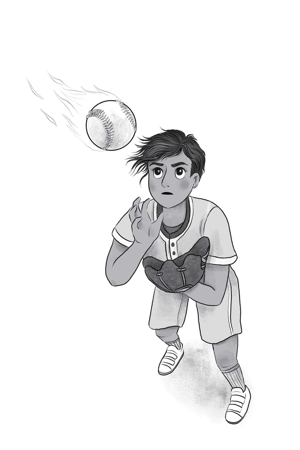 Illustration of a focused baseball player catching a flaming ball in the book Much Ado About Baseball.