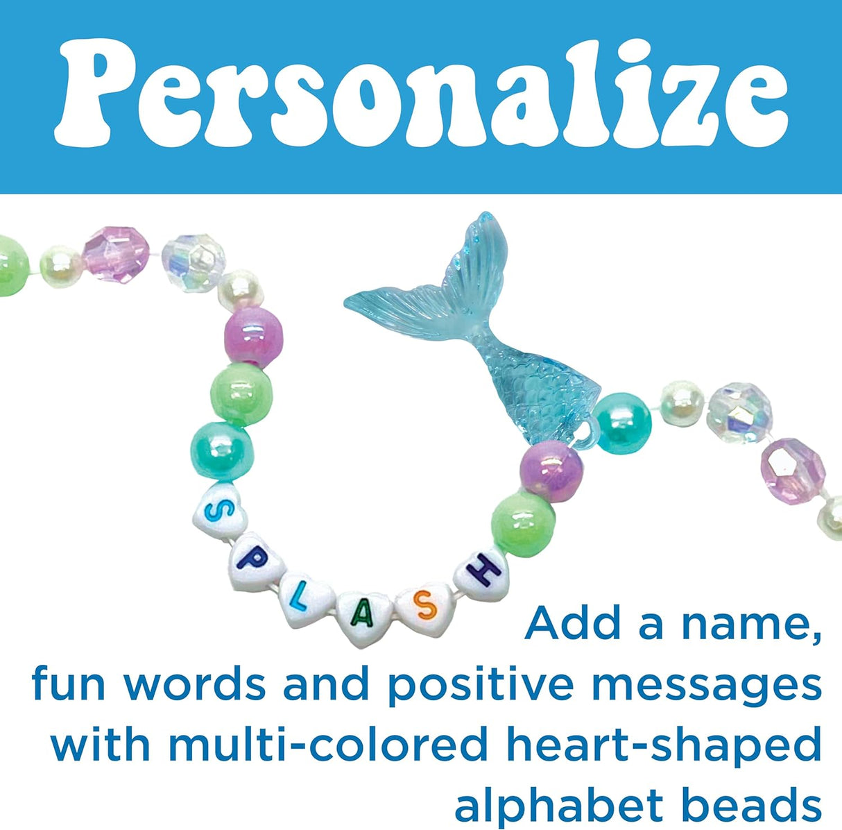 Bead Jewelry Jar | Mermaid with personalized multi-colored heart alphabet beads and a blue mermaid tail charm bracelet.