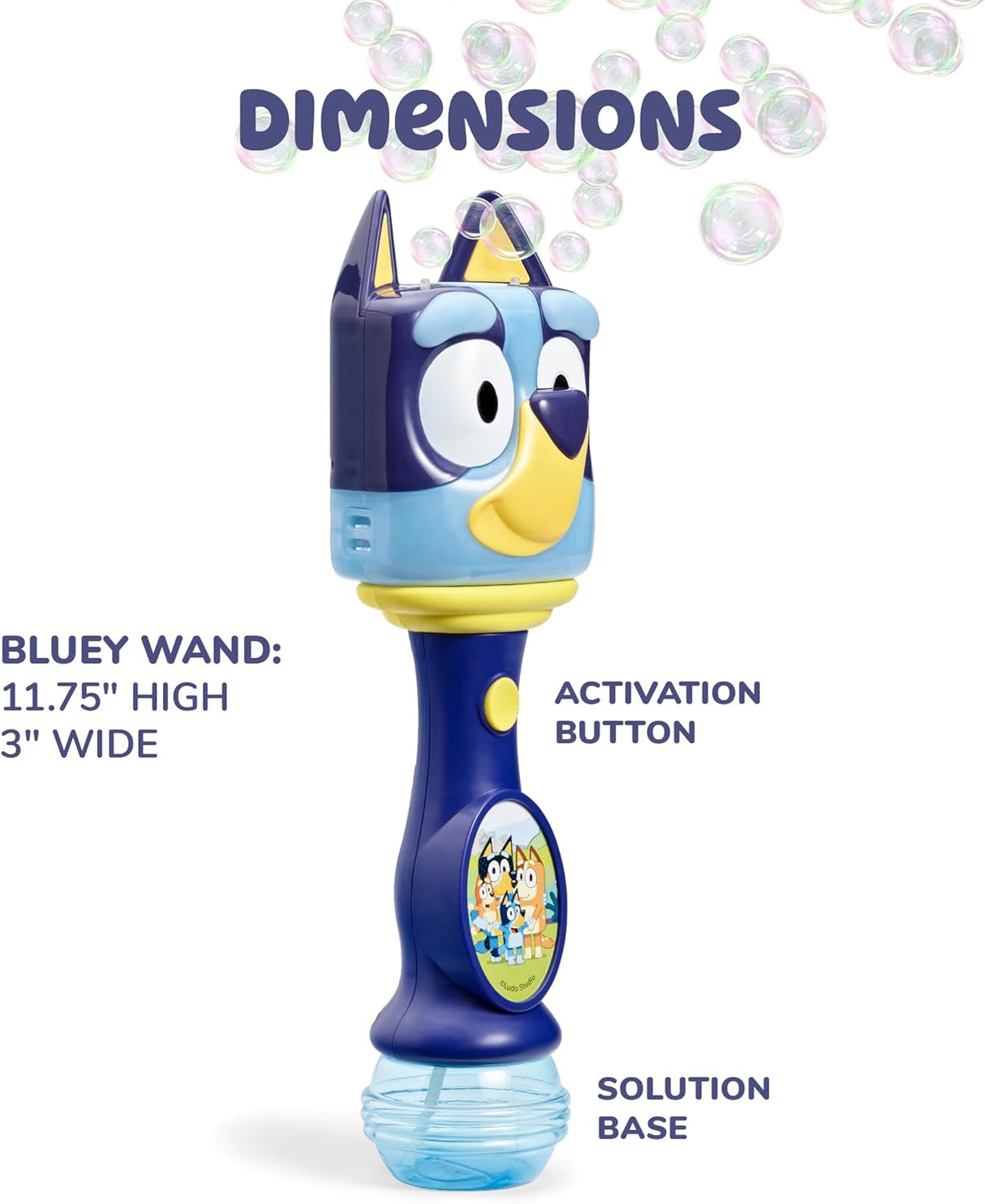 Bluey Lights & Sounds Bubble Wand with activation button, solution base, and character face producing bubbles.