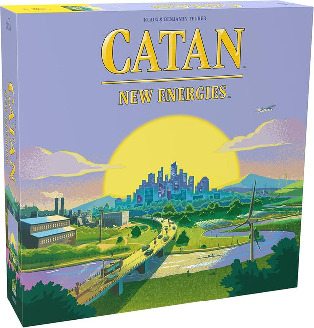 Catan New Energies board game box with modern city, wind turbines, and sunrise representing clean energy choices.