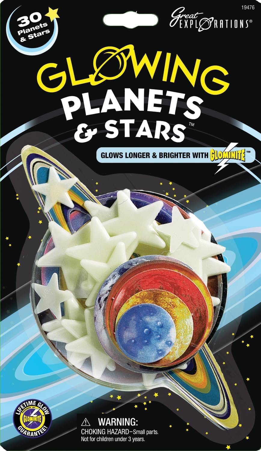 Glow Stars & Planets set with 30 colorful glowing planets and stars that brighten any room using Glominite technology.