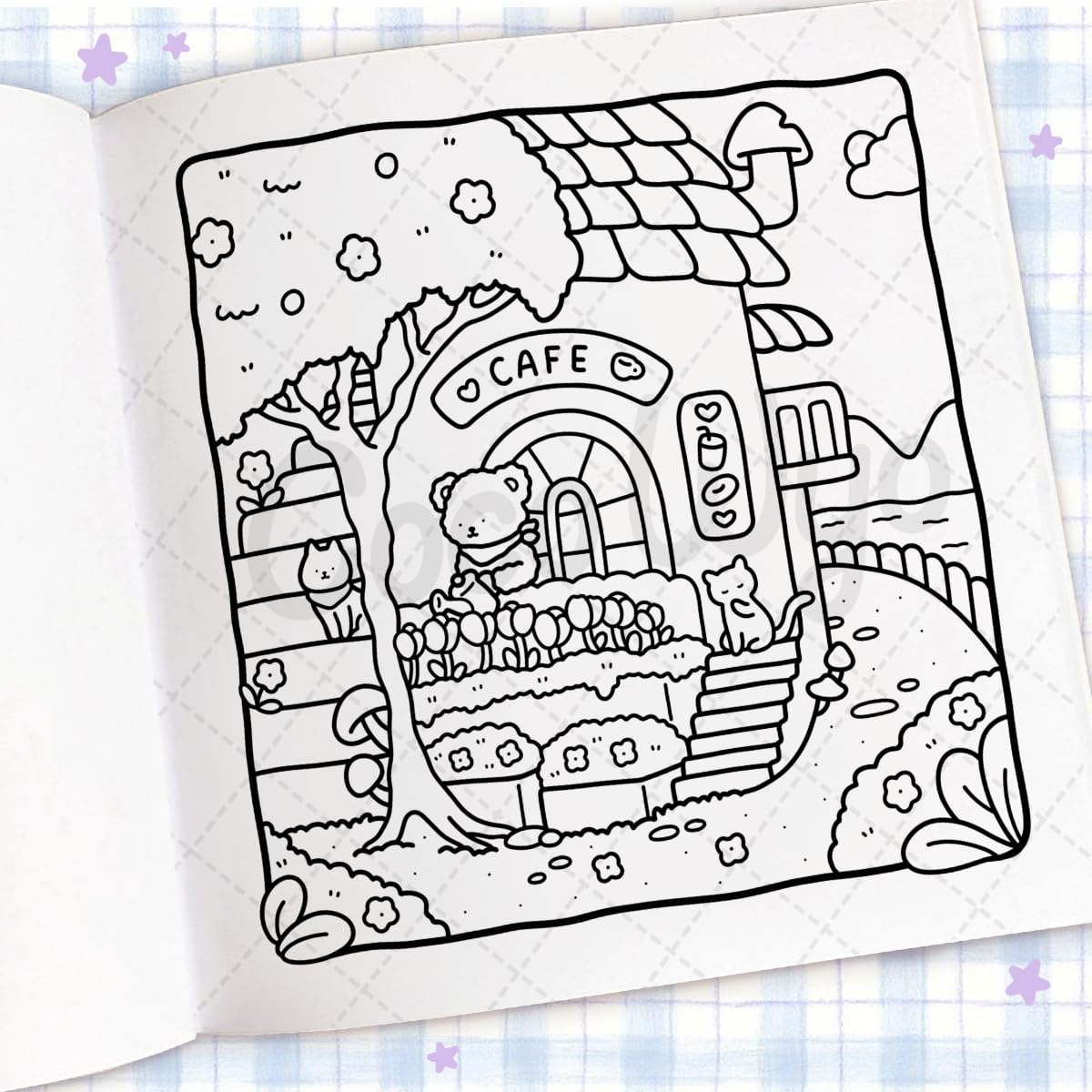 Cozy Corner Coloring Book page showing a charming cafe scene with a bear and cats in a cozy outdoor setting.