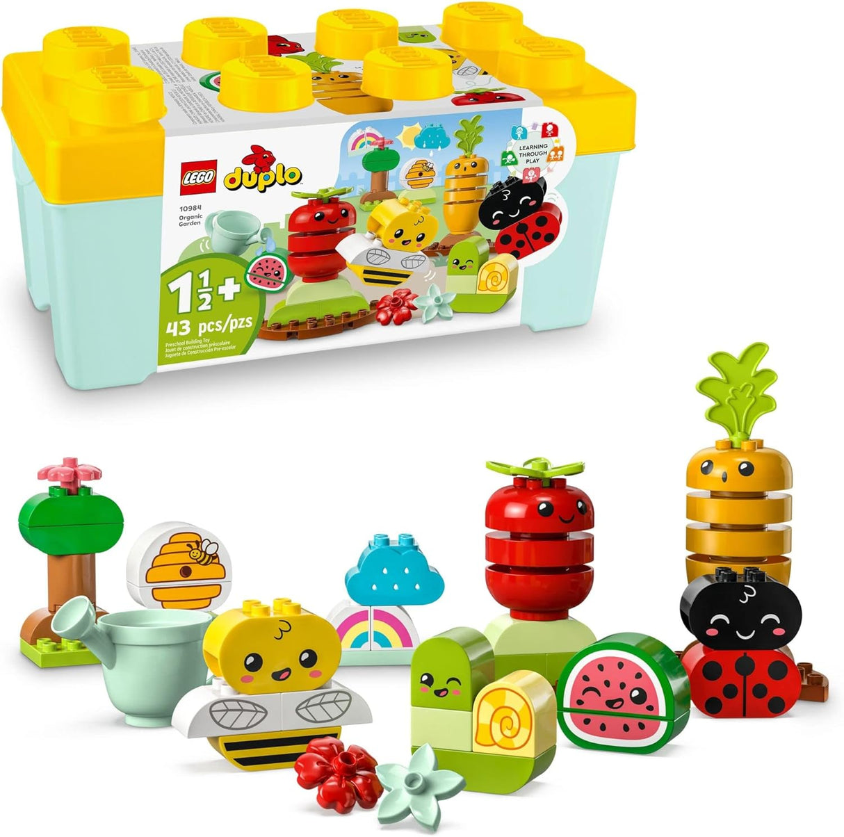 Colorful LEGO DUPLO organic garden playset with fruits, vegetables, insects, and storage box for toddlers 1.5 years and up