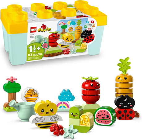 Colorful LEGO DUPLO organic garden playset with fruits, vegetables, insects, and storage box for toddlers 1.5 years and up
