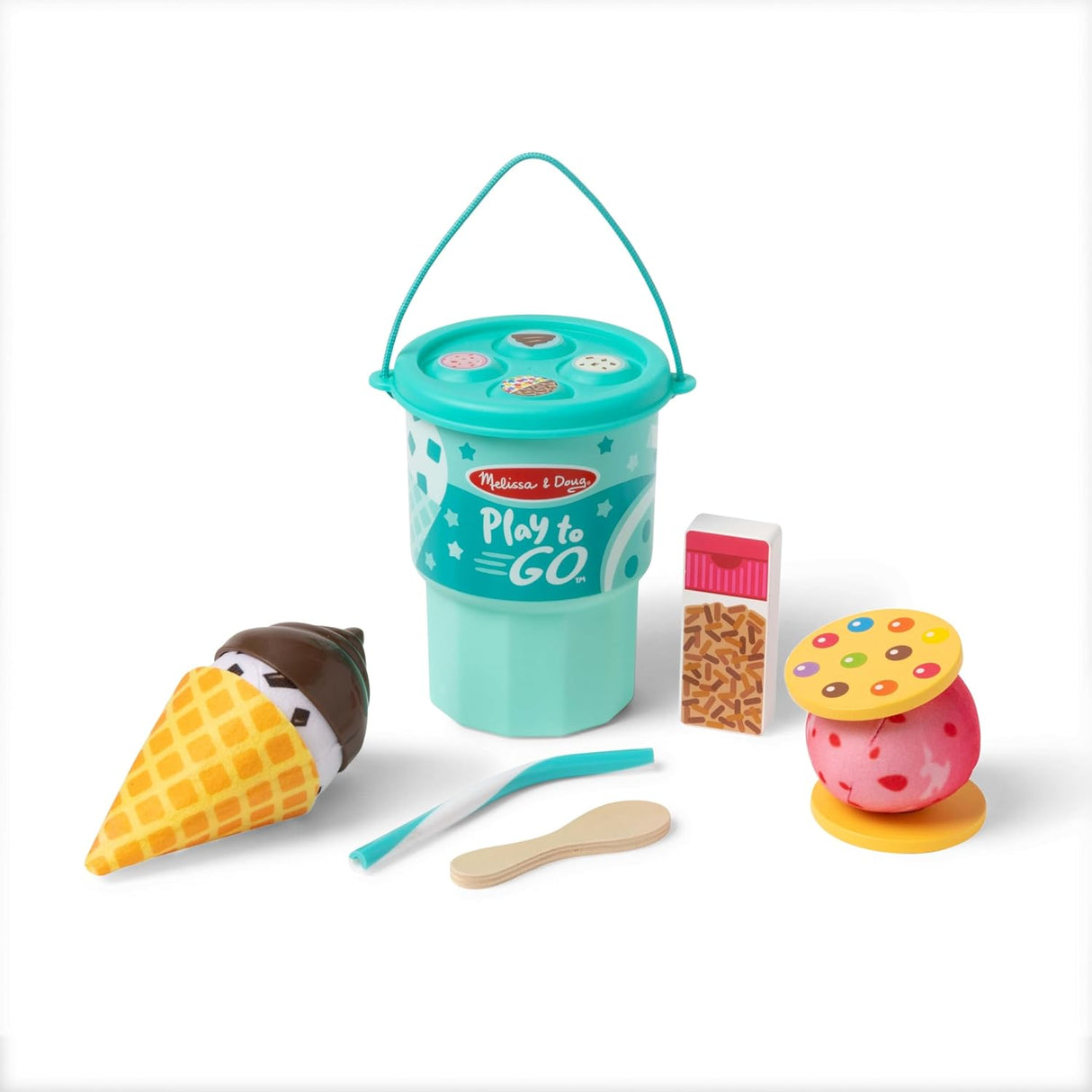Play to Go Cake & Cookies Play Set with ice cream cone, cookie, utensils, and teal storage cup with handle.