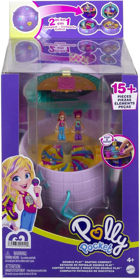 Polly Pocket Double Play Skating Compact with 2 micro dolls, 15+ accessories, and 4 play spaces in one disco roller rink set.