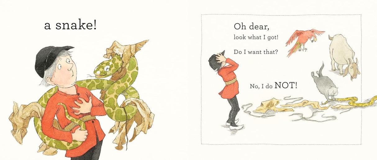 Illustration from Oh Dear, Look What I Got! showing a boy startled by a snake and other animals around him.