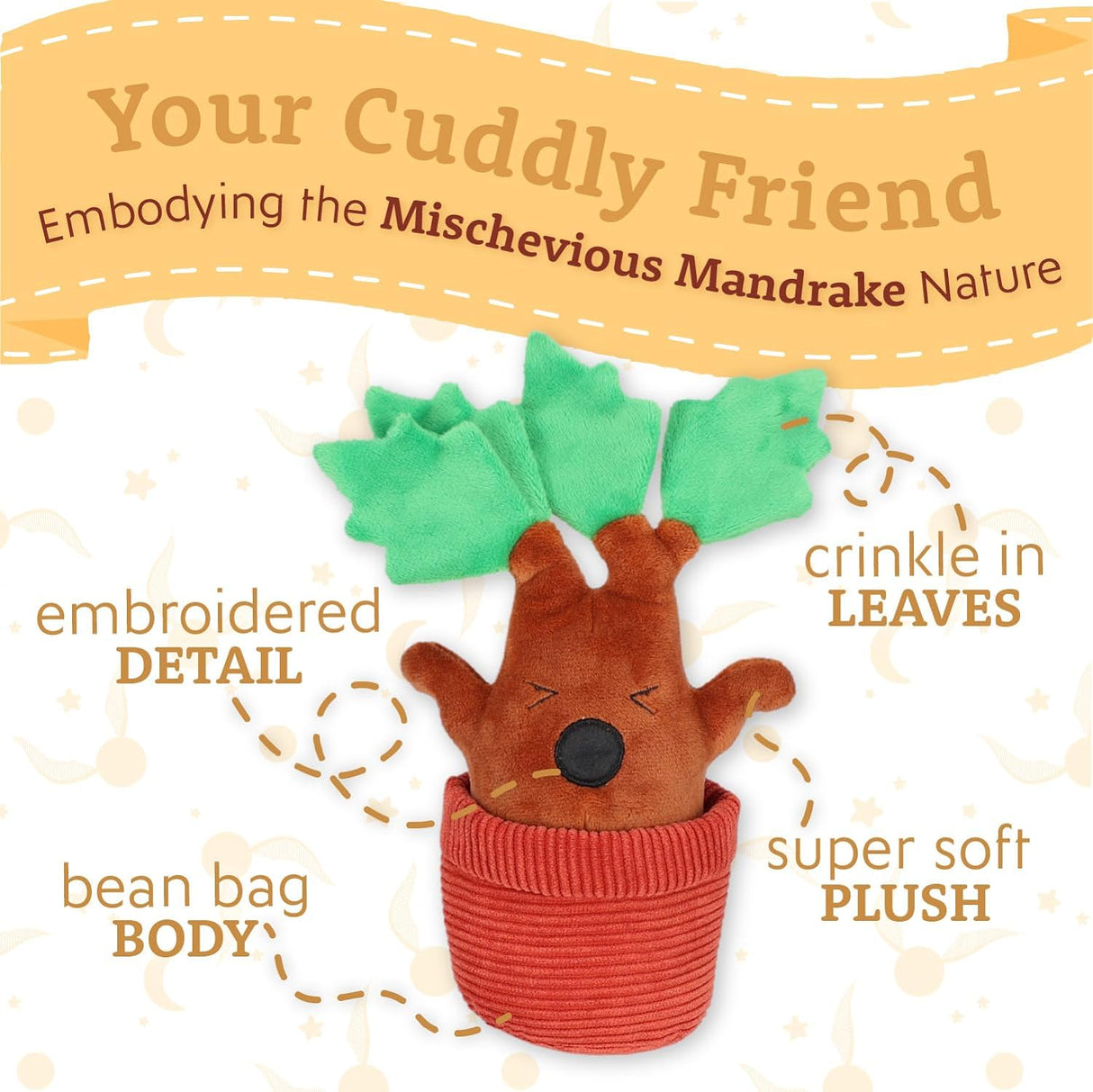 Harry Potter | Mandrake plush toy with embroidered details, crinkle leaves, bean bag body, and super soft fabric in a red pot.