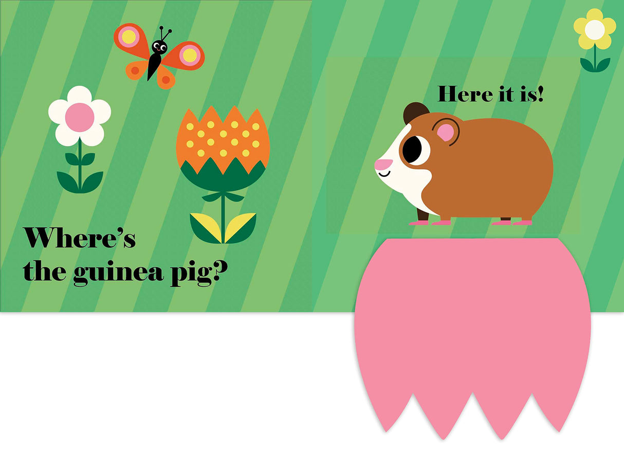 Where's the Cat? Flap Book page with colorful flowers, butterfly, and a guinea pig peeking over a pink flap.
