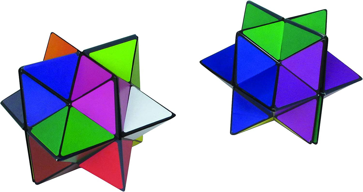 Two colorful transforming geometric puzzles showing star and cube forms of Starcube Original brainteaser.