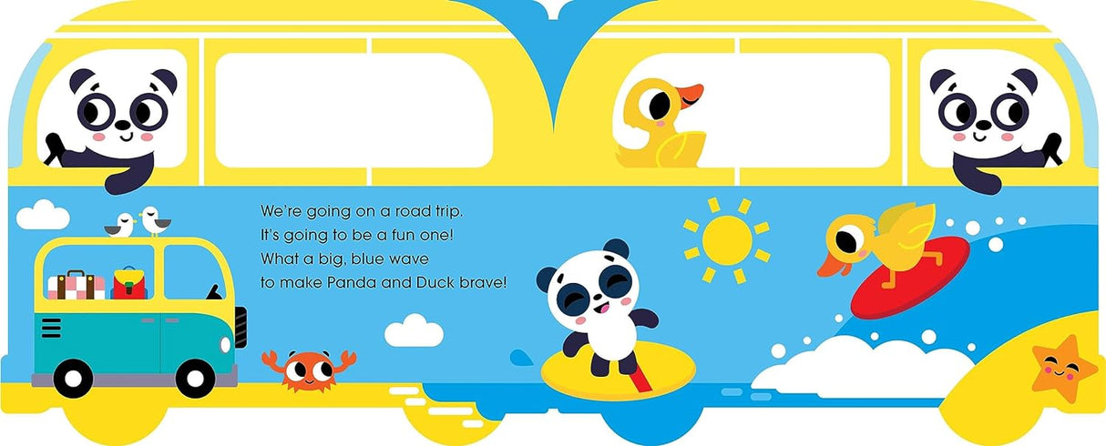 Bright and colorful illustration of animal friends on a bus in the "We're Going on a Road Trip" board book.