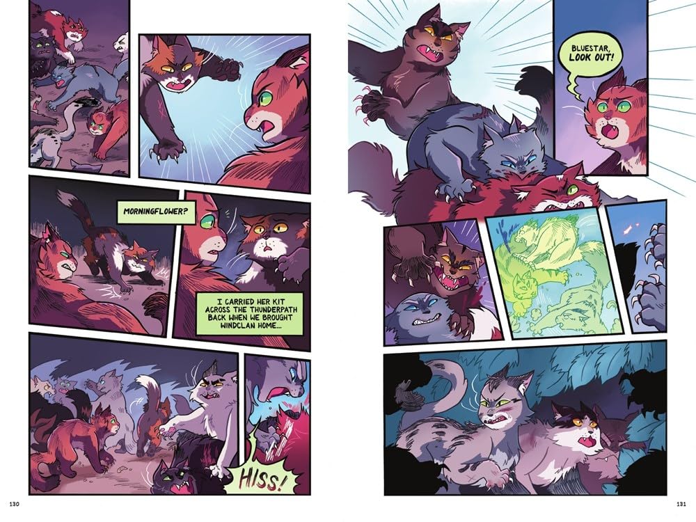 Warriors #2: The Prophecies Begin graphic novel pages showing warrior cats in intense forest confrontations and dramatic moments.