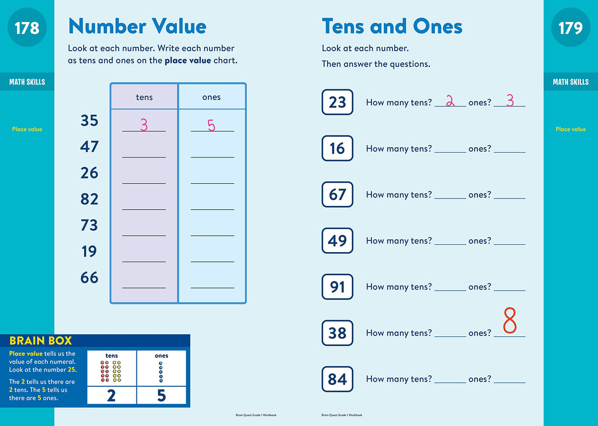Brain Quest Workbook Grade 1 page showing number value and tens and ones math exercises for 1st graders.