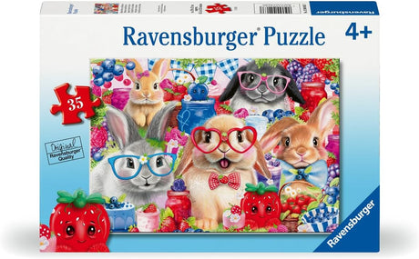 35pc Bunnies & Berries Puzzle with colorful bunnies wearing glasses enjoying jam and sweet treats at bunny fair day.