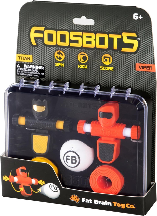 Foosbots 2 Pack with two spinning kicker figures, silicone goal lines, ball, and storage case for fast-paced gameplay.