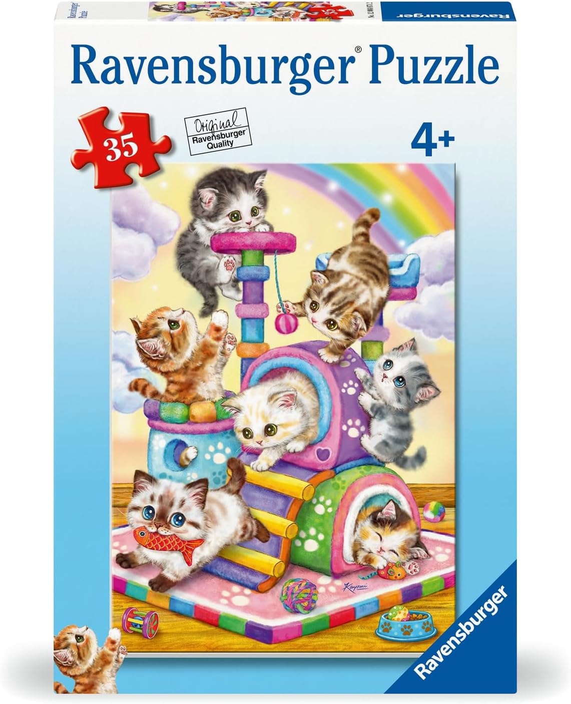 35pc Playful Purr Babies Puzzle featuring playful kittens climbing and napping on a colorful cat tower for ages 4+.