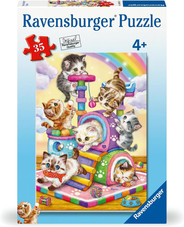 35pc Playful Purr Babies Puzzle featuring playful kittens climbing and napping on a colorful cat tower for ages 4+.