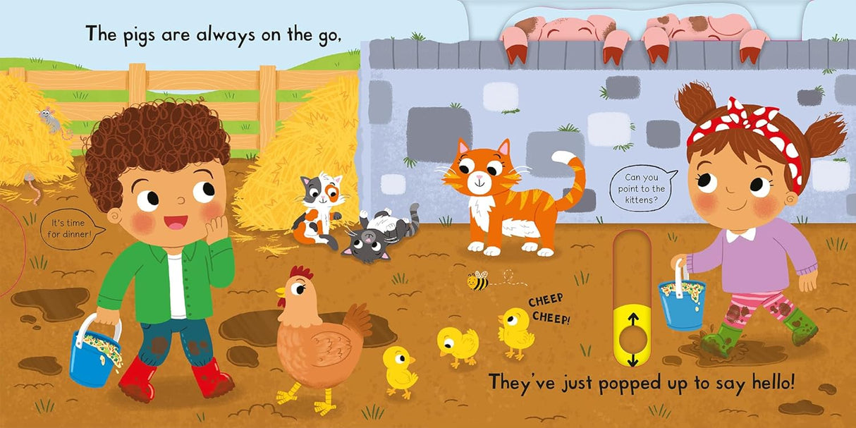 Busy Farm Push/Pull/Slide board book showing children interacting with farm animals and playful scenes.