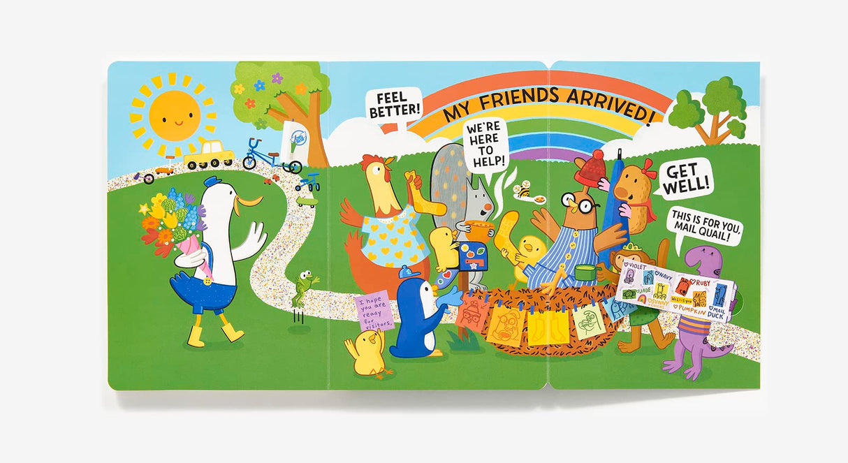 Mail Duck Helps a Friend Lift the Flap shows colorful animal friends bringing gifts to cheer up Mail Quail on a sunny day.