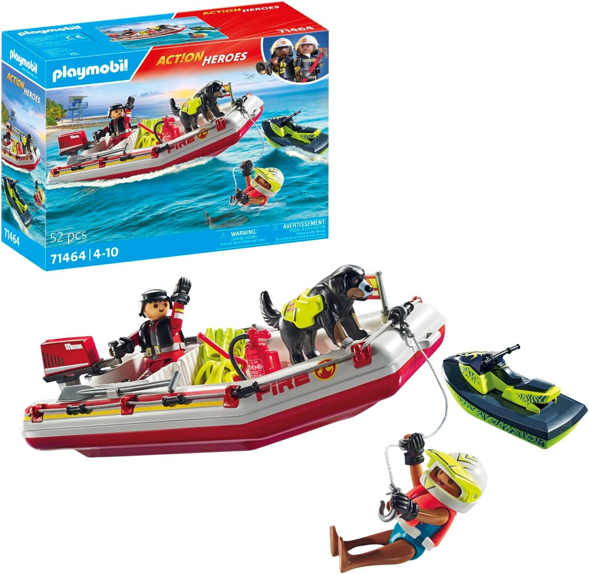 Action Heroes | Fireboat with Water Scooter featuring firefighter figures, rescue dog, and floating Aqua Scooter playset.