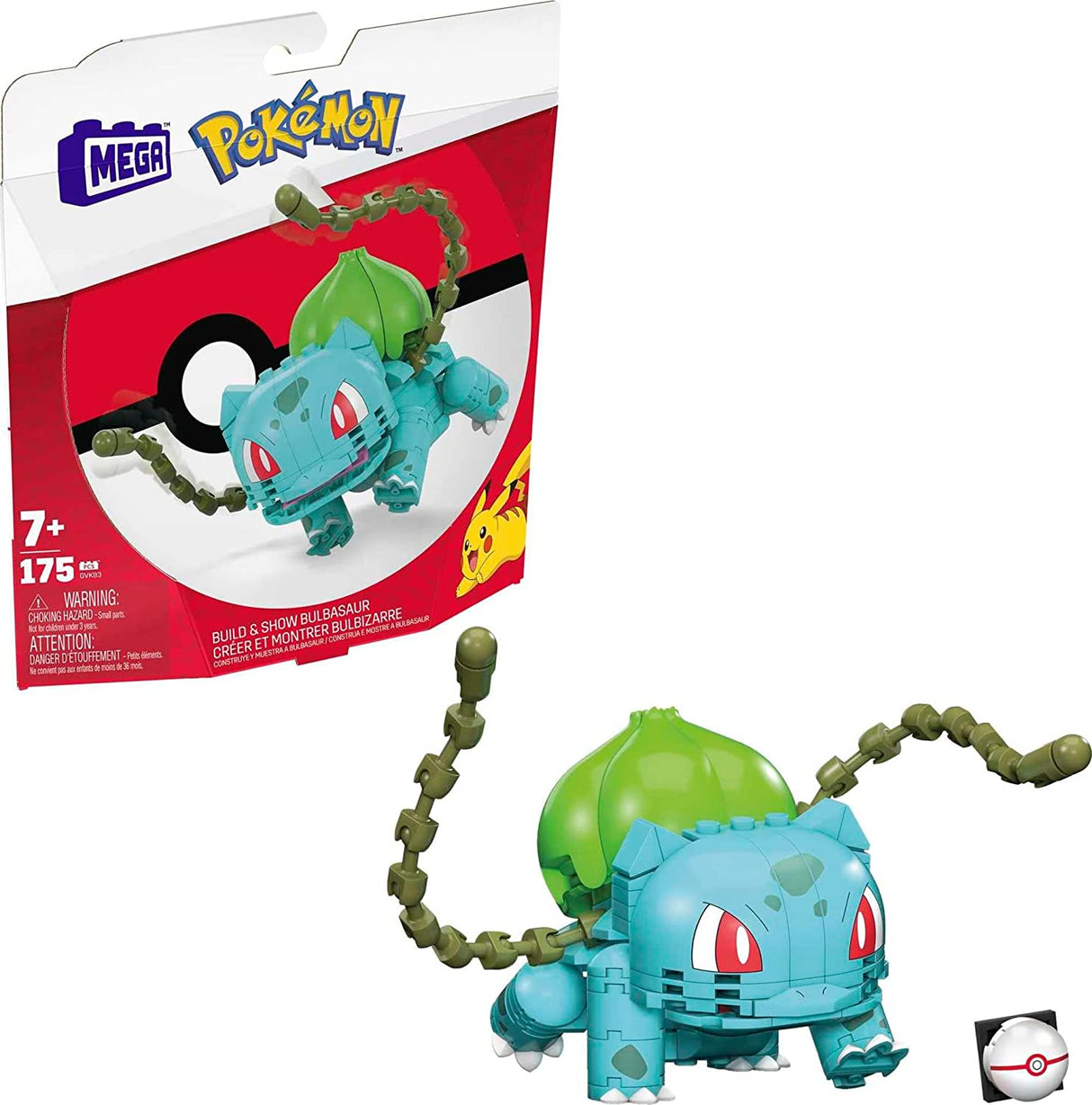 Mega Construx Pokemon Build & Show Bulbasaur building set with 175 pieces, posed in a battle-ready stance.