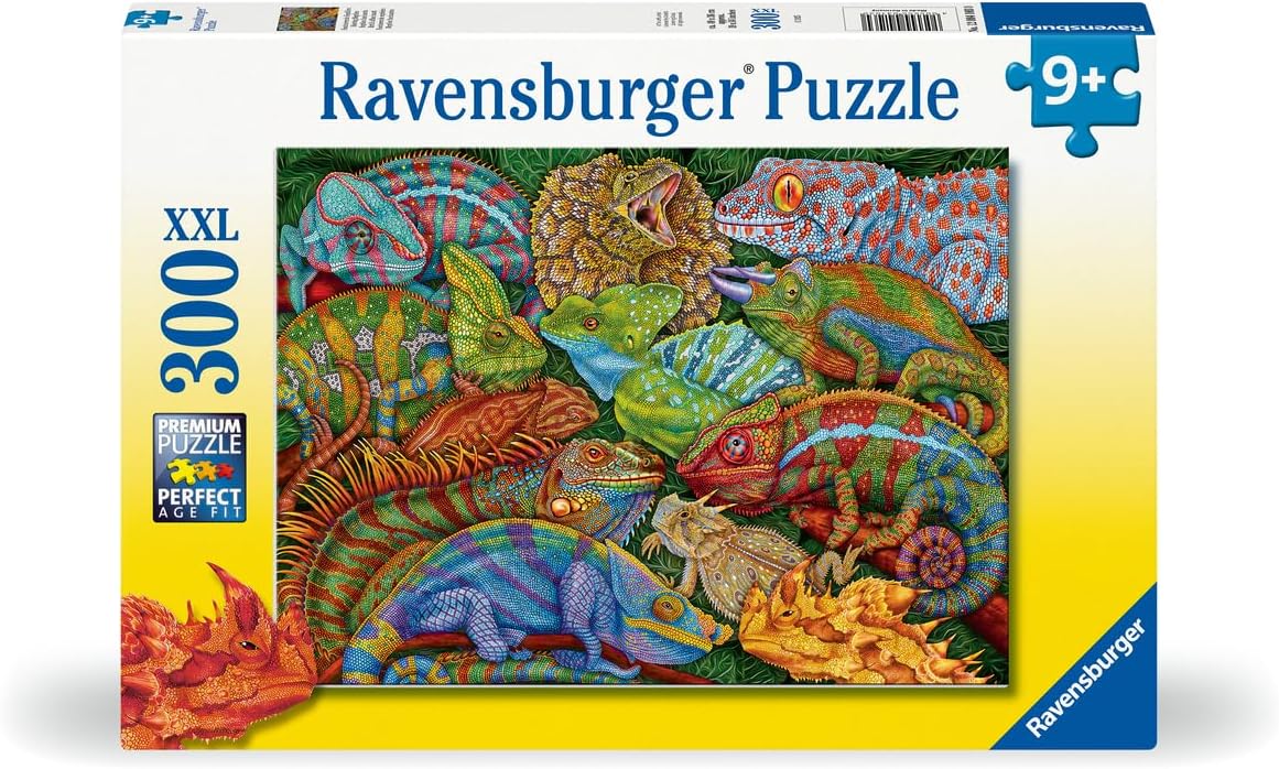 300pc Riveting Reptiles Puzzle featuring colorful chameleons, iguanas, and lizards in a vibrant, detailed design.