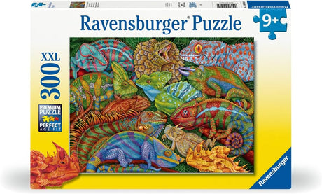 300pc Riveting Reptiles Puzzle featuring colorful chameleons, iguanas, and lizards in a vibrant, detailed design.